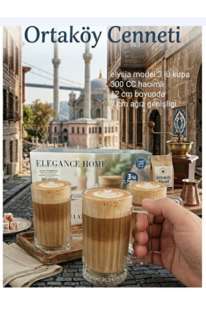 ORTAKÖY CENNETİ 3-Piece Latte Tea Mug Cup Large Size Elysia Model of Good Qua...