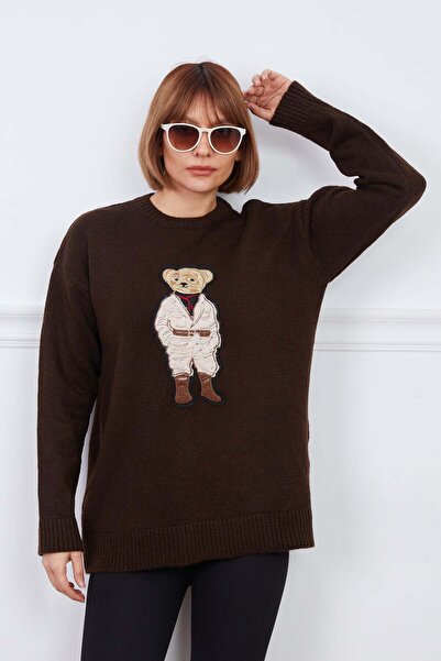 zenne Teddy Bear Printed Knitwear Sweater Brown