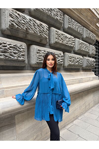 ikomteks Tie Collar Pleated Detailed Chiffon Dress