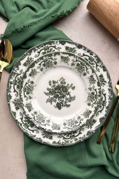moontime alaçatı Antique Green 6 Kişilik 19 cm Porselen Pasta Tabağı Takımı, ...