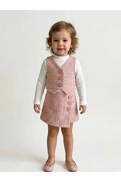 kidstalya Powder Pink Sparkly Vest Shorts Skirt Baby Set