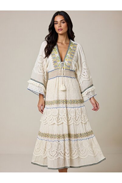 Rabiossa Kadın Renkli İşlemeli ve Püsküllü Vintage Stil Dantel Elbise