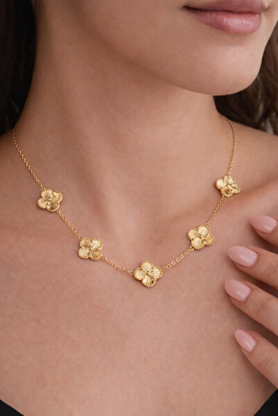 ALYA 14K Altın Kaplama Yonca Detaylı Zarif Kadın Kolye/Kristal Kesim Yonca