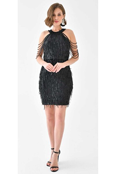 Hanife Glam Couture Hanife Glam mini saçaklı payetli taş detaylı elbise