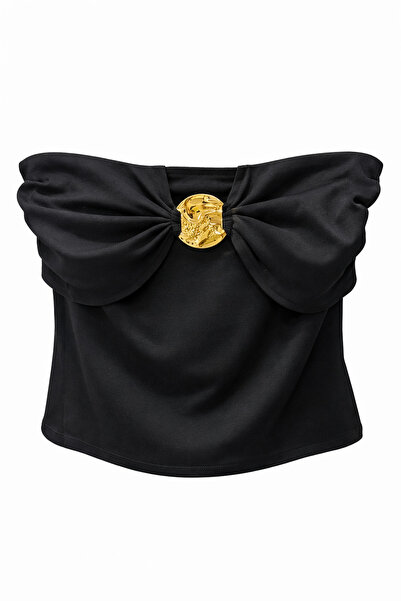 HAZELANNA Medallion Black Strapless Blouse