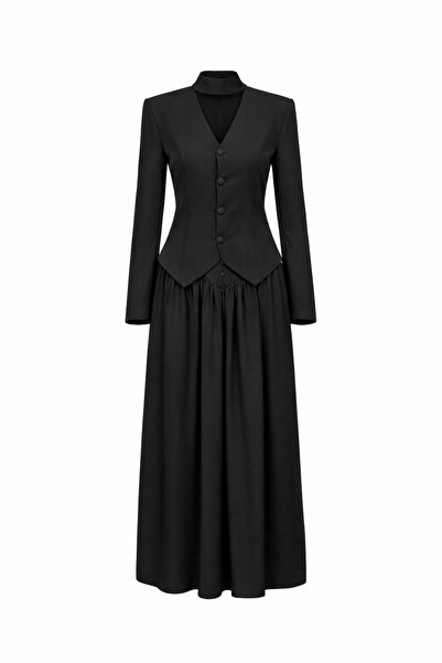 HAZELANNA Corsage Skirt-Shawl Jacket Black Set
