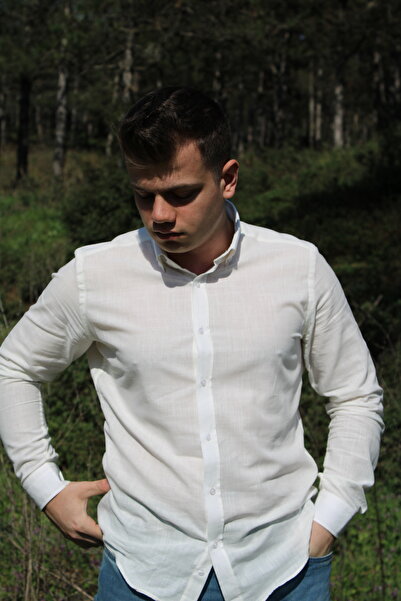 %100 Pamuk Keten Kırık Beyaz Renk Slim Fit Yaka Düğmeli Erkek Spor Gömlek