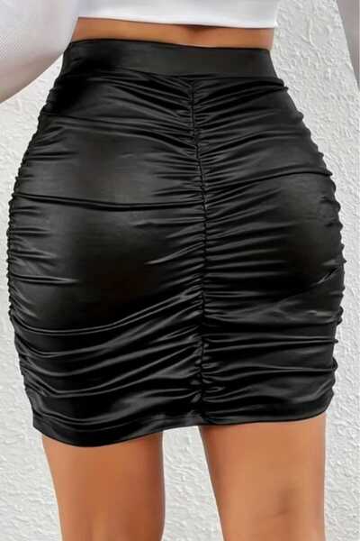 Yenicici Kadın Pu Deri Büzgülü Mini Kısa Etek