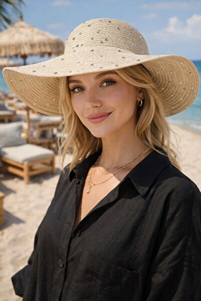 MARBERRY Μπεζ πέτρινο κεντημένο φαρδύ στρογγυλό ψάθινο γυναικείο καπέλο