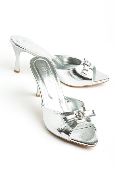 Dilimler Ayakkabı Women's Stiletto Heel U t Slipper Silver Shiny Leather Bow ...