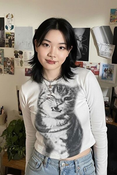 Köstebek Baby Cat Long Sleeve White Cropped Blouse