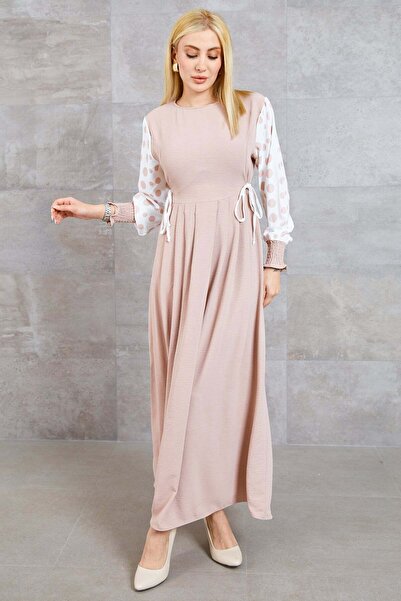 zenne Plus size Polka Dot sleeves elastic long dress mink