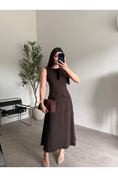 Bade Butik Coffee Shoulder Detail Flared Dress