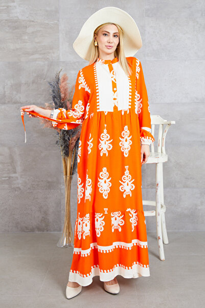 zenne Buttoned front ethnic pattern dress orange