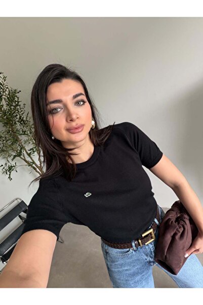 Bade Butik Bluză neagră guler rotund cu logo material elastic