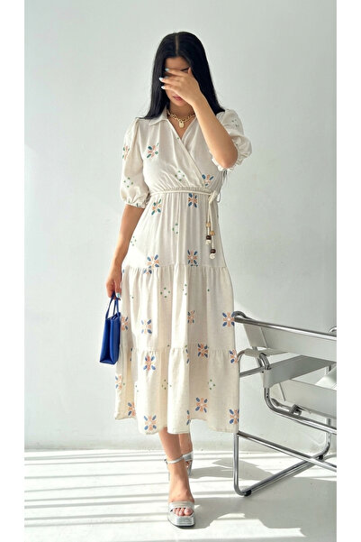 MQ A Midi Length Linen dress in blue, embroidered, from Cherful Boutique for ...