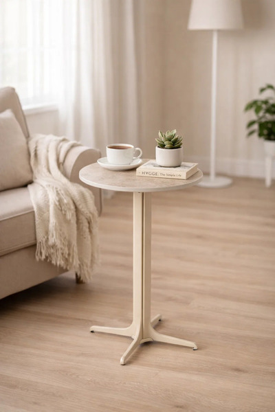 MARIA HOMES Round Beige Coffee Table Marble Style Top with Metal Base Side Ta...