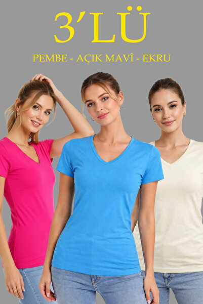 LUMİART Women's 3-Pack V-Neck T-Shirts – Short Sleeve Summer Slim Fit Body - ...