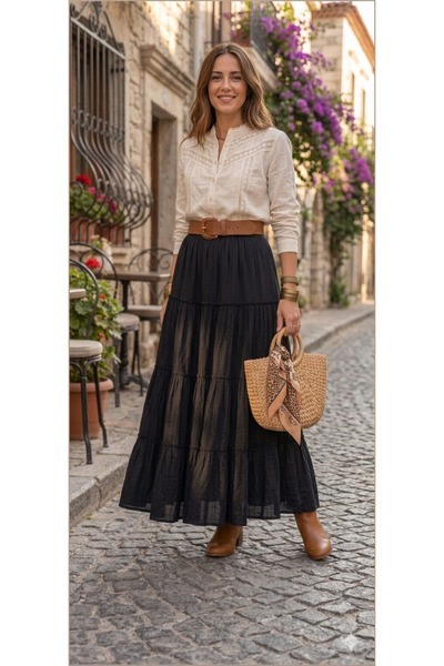 MODA Μαύρη μοντέρνα κομψή φούστα 3 τεμαχίων με ραφές και εσωτερική επένδυση, ...