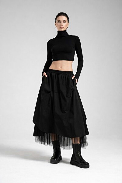 ibeeka Atelier Design Tulle Layer Black / White Midi Skirt - Black - S