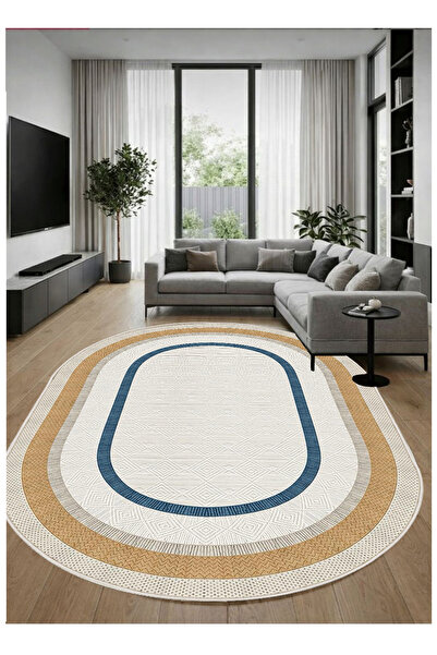 STY Home Mavi Krem 0val Dijital Baskı Halı Kaymaz Tabanlı Yıkanabilir Halı Yo...