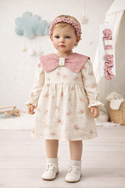 Amante Bandanalı Lila - Pembe Yaka Çiçek Desenli Kız Bebek Elbise Bayramlık Ş...