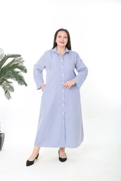 XL Modam ROCHIE DE DAMĂ țesut DIN VISCOSĂ CU DUNGĂRI ALBASTRE, MĂRIME MARE