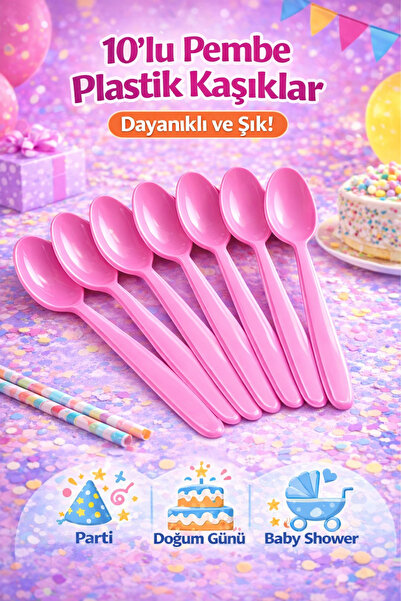 Enjoy Party Store 10'lu Pembe Plastik Kaşık | Lüks Sert Kullan At Kaşık | Doğ...