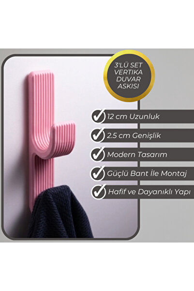AKT Pembe Duvar Askısı 3'lü SET - Modern Yapışkanlı Havluluk Çanta Vestiyer D...