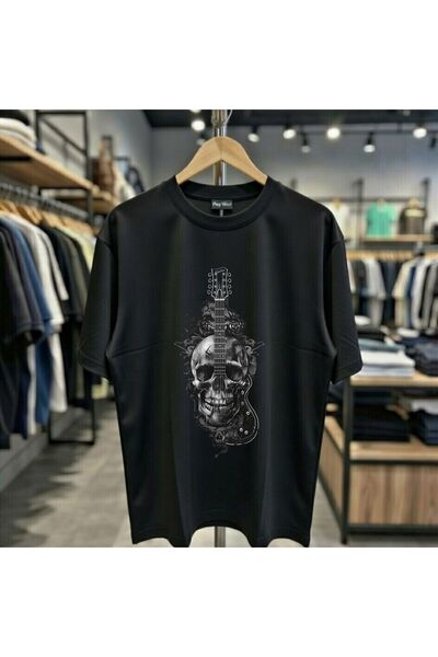 playwear Μπλουζάκι με στάμπα κιθάρας και κρανίο, 100% βαμβακερό, oversized, χ...