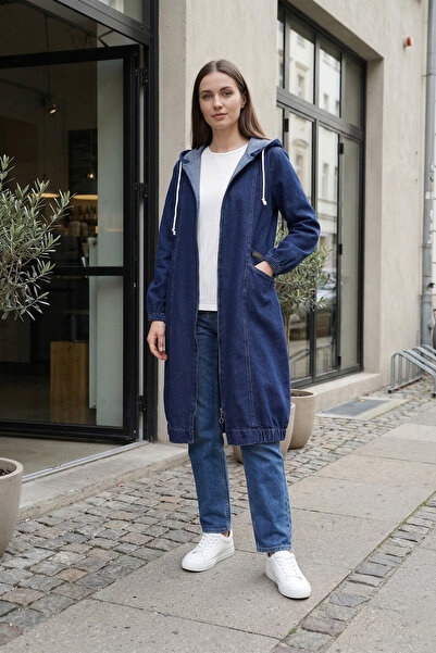 MODAQU Hooded Zippered Denim Cap - Navy Blue