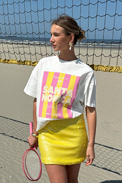 THE RULE تي شيرت سانتا مونيكا مطبوع للسيدات مقاس كبير 100% قطن واسع القصة ملم...