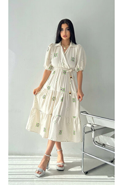 MQ A Midi Length Linen dress in blue, embroidered, from Cherful Boutique for ...