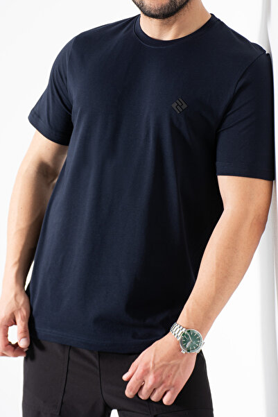 grand coco Men's Navy Blue Regular Stretch Fabric Single Jersey Fabric Crew N...