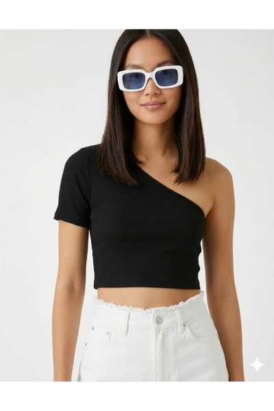 WOODROFFE Tricou cu un singur umăr/mânecă, negru și alb, crop Bluză