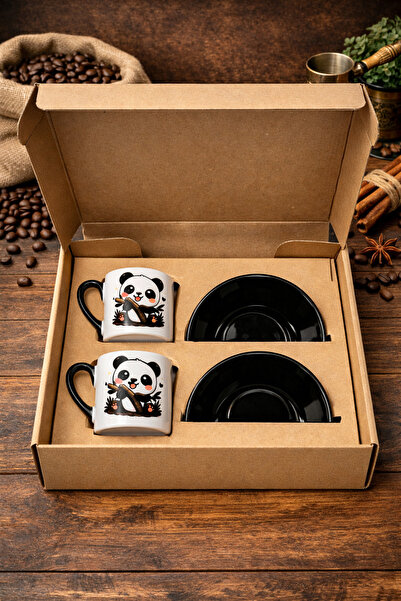 TEDİKS Panda Desenli Porselen Türk Kahvesi Fincanı Seti 2 Kişilik – Siyah Kul...