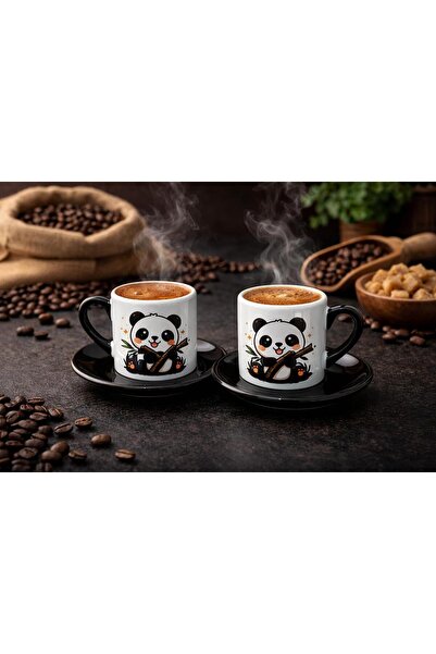 TEDİKS Panda Desenli Porselen Türk Kahvesi Fincanı Seti 2 Kişilik – Siyah Kul...