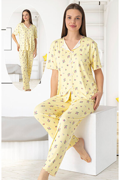 ANGEL VALESKA Floral Print Corded Fabric Bowknot Short Sleeve Pajama Set
