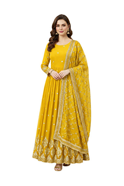 MYSMAR Yellow Faux Georgette Gown - HRT7368 | Yellow