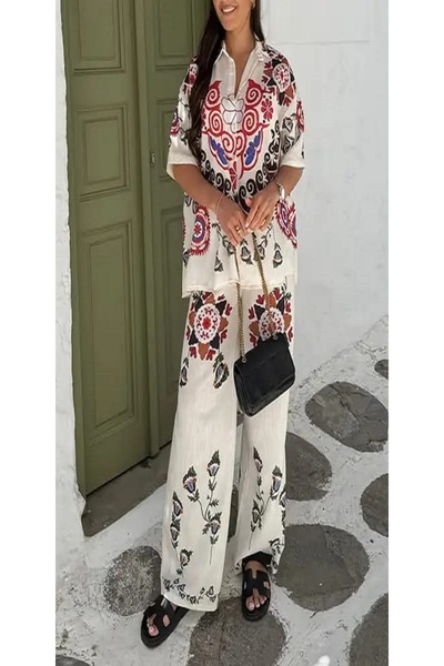 JustFab ✨Embroidered Women 2 Piece Set–Floral Print Shirt & Wide Leg Pants Su...
