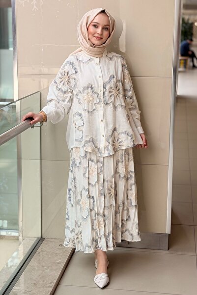 Ceremony Önden Sadef Düğmeli Etekli Simli Keten Takım