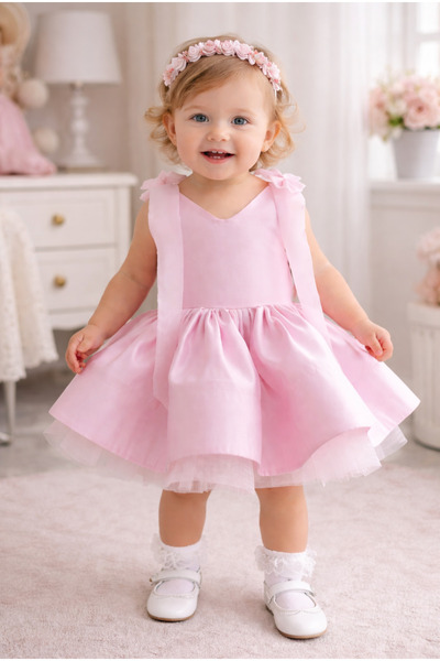 Queen tasarım 2 yaş bebek elbisesi çocuk abiye bebek abiye pudra&pembe