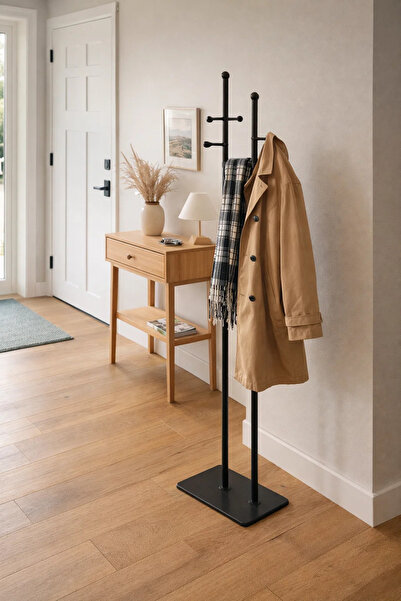 MARIA HOMES Modern Black Metal Double Coat Rack Stand with Hooks
