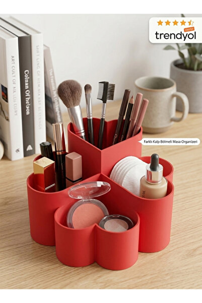 APLUS Kalp Tasarımlı 4 Bölmeli Makyaj Organizeri - Estetik Masaüstü Fırçalık ...