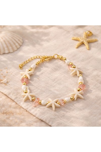 Vinlora Design Rose Quartz Natural Stone Starfish & Seashell Bracelet – Elegant Women's Bracelet with Summer Theme