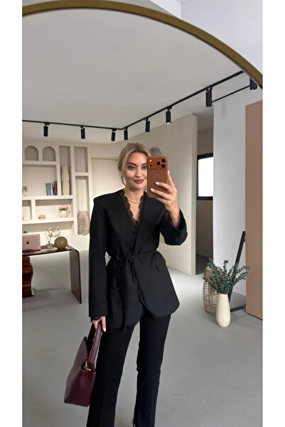 QİMYA BUTİK 4S Women Women's Collar Inside and Cuff D Lace Detailed Rope Belt...