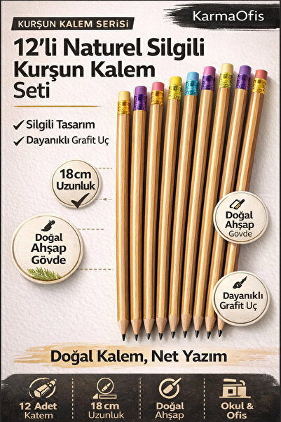 KarmaOfis 12-Pack Natural Pencil with Eraser Hb – 18 cm Natural Wood School O...