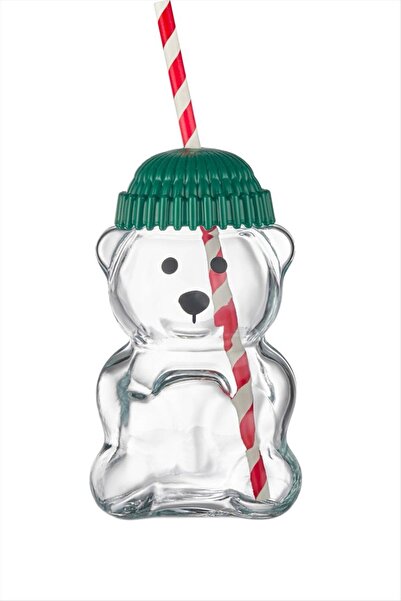 Bijuteri Net Teddy Bear Print Glass Coffee Cup with Straw