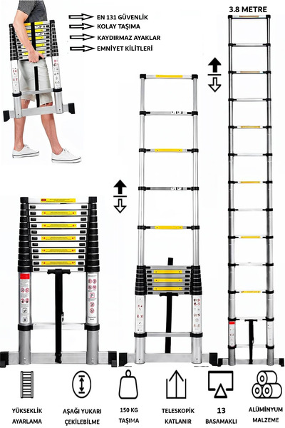 TEKNETSTORE Alüminyum Katlanır Merdiven 3.8 Metre 13 Basamak