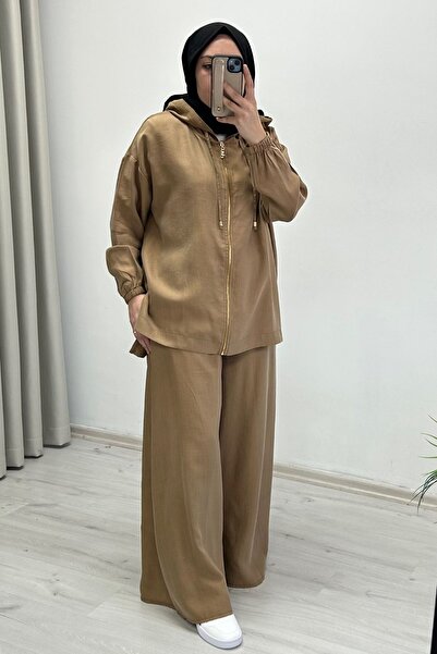 T Moda Store Ecru Tex Kupra Tansel Fabric Comfortable Fit Hijab Double Set wi...